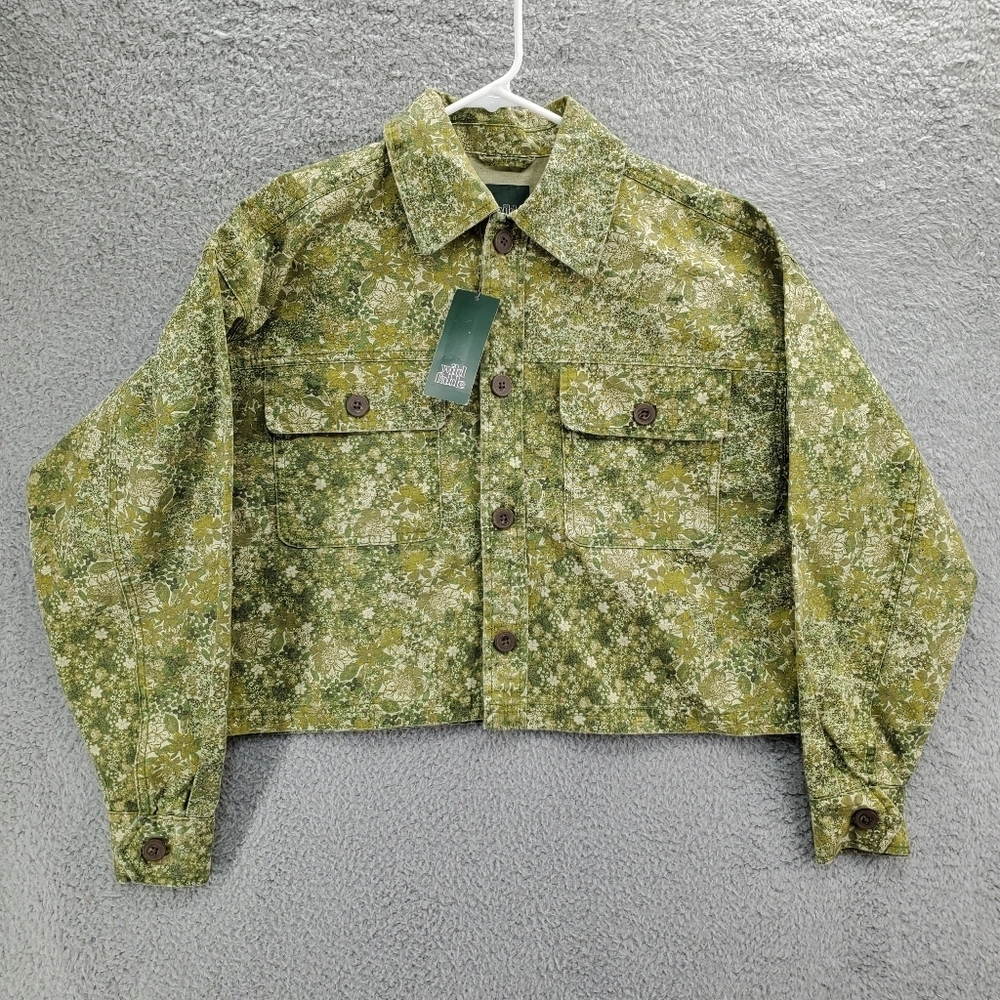 Wild Fable Women's Cropped Canvas Surplus Shacket Green Floral NWT